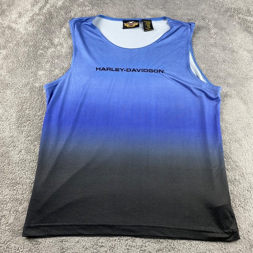 Harley Davidson Sleeveless Tank Top Womens Large Blue Black Made In USA